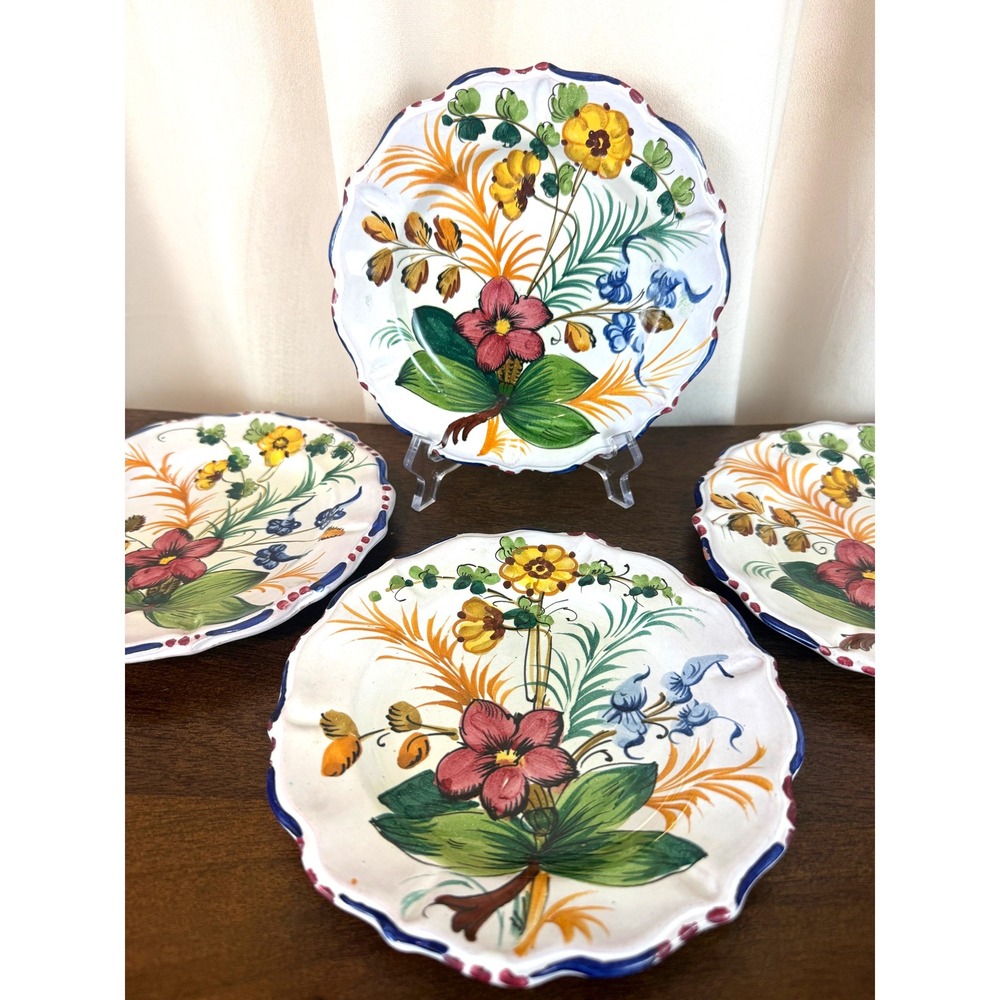 VTG Capri Italy Set FOUR Floral Stoneware 7" Plates Scalloped Edge Hand Painted